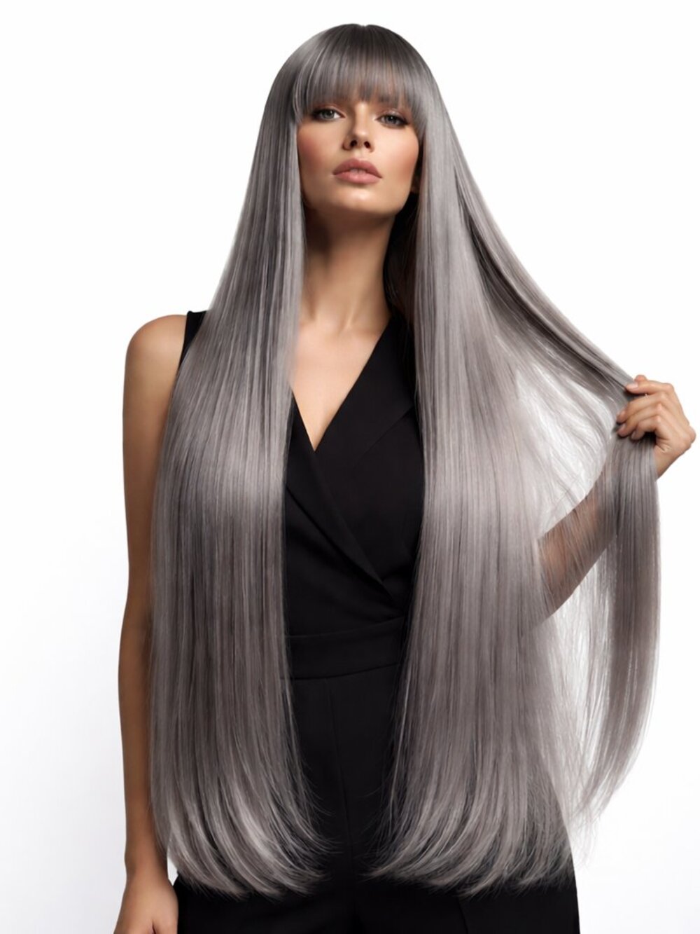 Ash Gray Wig Long Straight Synthetic Hair Natural Look Women's Fashion Wig